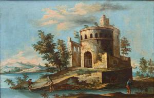Scuola veneta del XVIII secolo, Paesaggio con lago e torre circolare